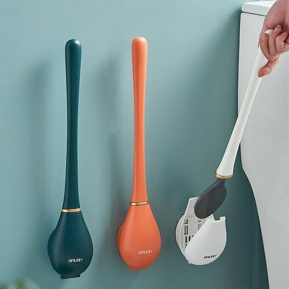 Silicone Water Drop Toilet Brush and Holder Set No Dead Corners Flat Head Household Toilet Brush Wall-Mounted Automatic Opening and Closing Silicone Toilet Brush