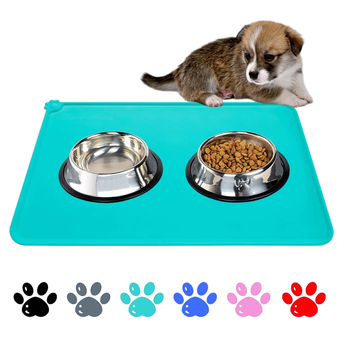 Gorilla Grip 100% Waterproof Raised Edge BPA Free Silicone Pet Feeding Mat,  Dog Cat Food Mats Contain Spills Protects Floors, Placemats for Cats and