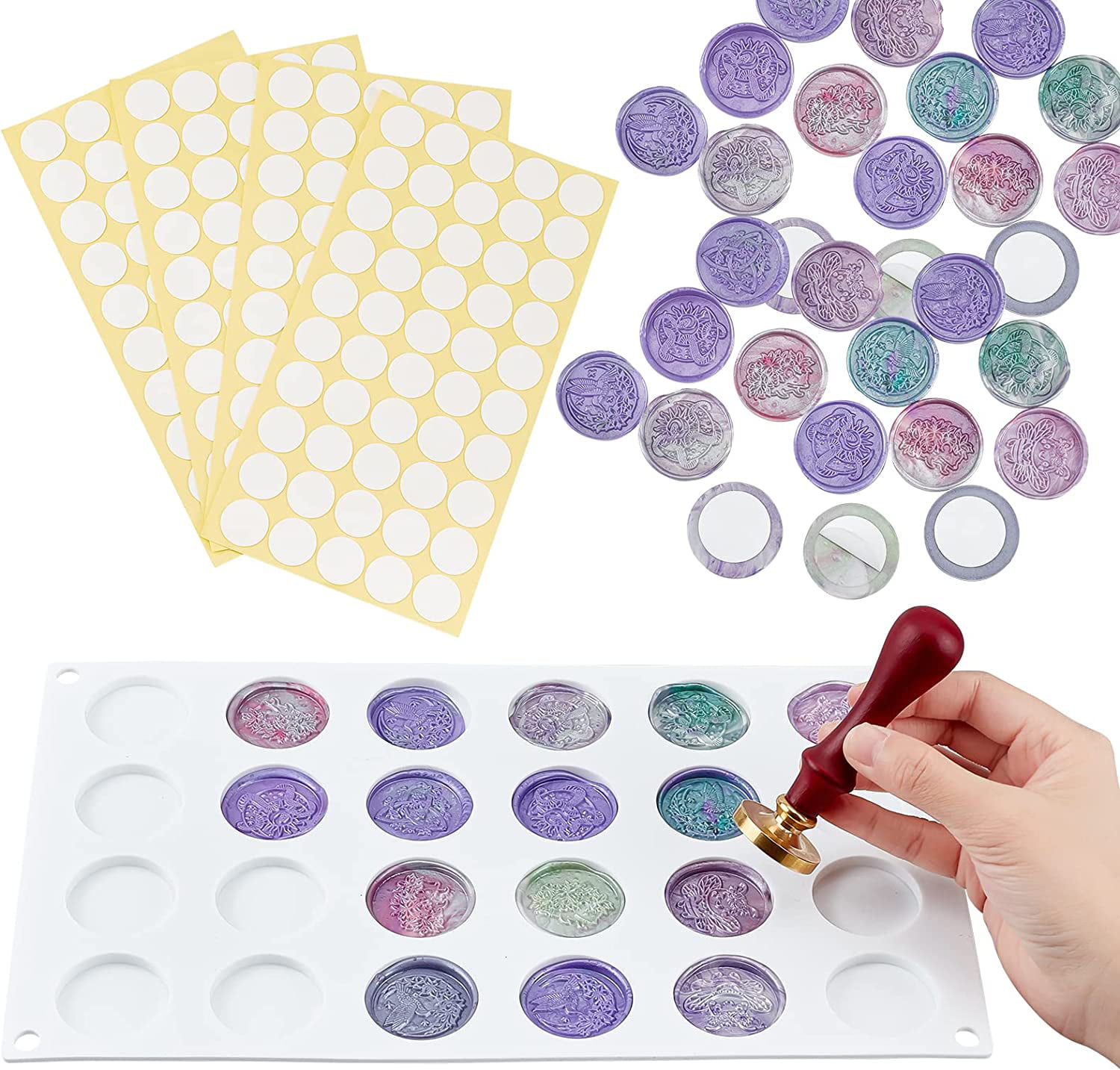  Silicone Mat Pad for Wax Seal Stamp,24 Cavity Wax Sealing Mat  Pad with 50 Pcs Removable Double-Sided Adhesive Sticky Dots for DIY Craft  Adhesive Waxing Sealing Wax Seal Stamp Stickers 