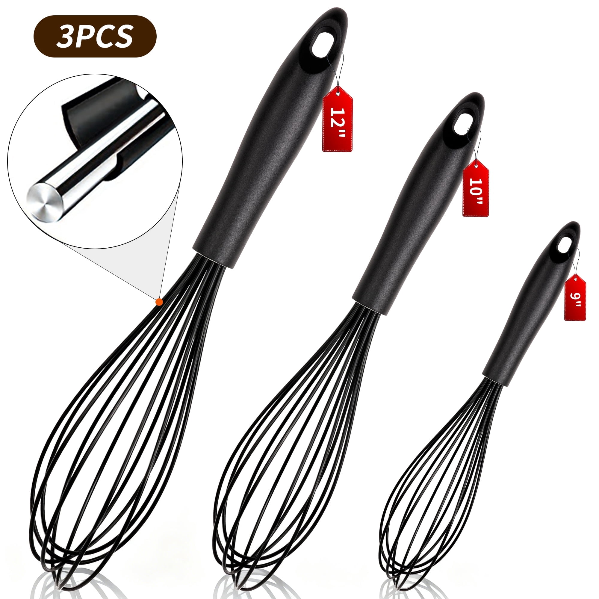 Silicone Wire Whisk, MOJINO Egg Beater Set of 3, Non Scratch Stainless ...