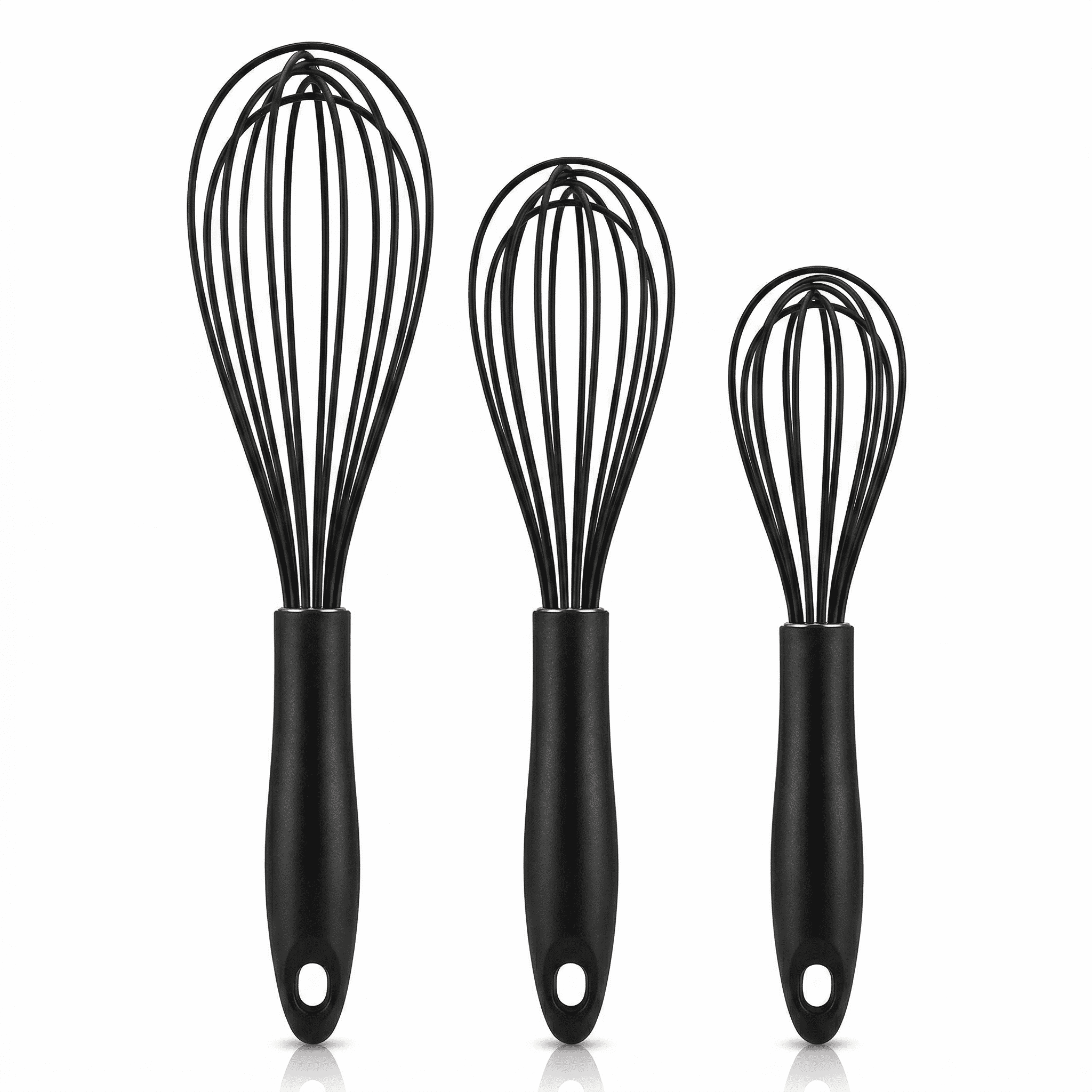 Silicone Whisk Set of 3 - Stainless Steel Whisks Heat Resistant Silicone Cooking Utensils Set & Matcha Whisk Set Non-Scratch Egg Beater for Kitchen Cooking, Black (8" 10" 12")