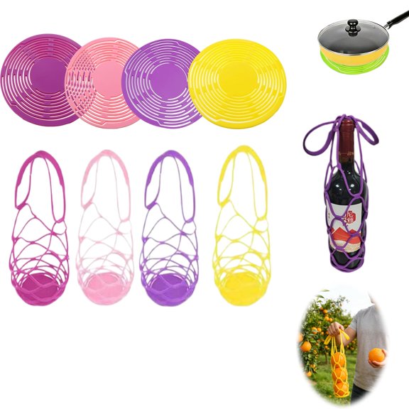 Silicone Wine Bottle Carrier 4 Pack, Stretchable Mesh Tote & Trivet Mat Converts into a Heat Resistant Trivet for Bottles and Cookware
