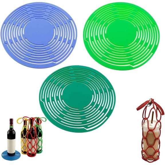 Silicone Wine Bottle Carrier Bag 3PCS, Expandable Mesh Net Basket for Fruit Grocery, Heat Resistant Trivet Coaster Mat, 2-in-1 Reusable Portable Handle Lifter for Picnic Kitchen Party
