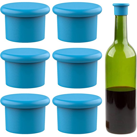 CEYAZYE Silicone Wine Stoppers Airtight Seal on Wine & Beer Bottles Reusable, Easy to Clean! (6 Pack, Blue)