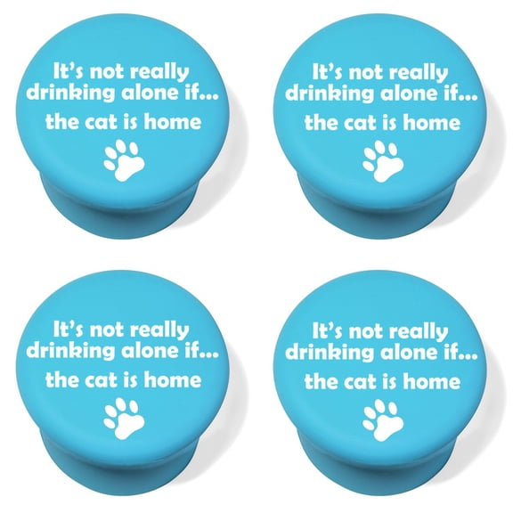 Silicone Wine and Beverage Bottle Stopper Set of 4 Funny It's Not Drinking Alone If The Cat Is Home (Light Blue)