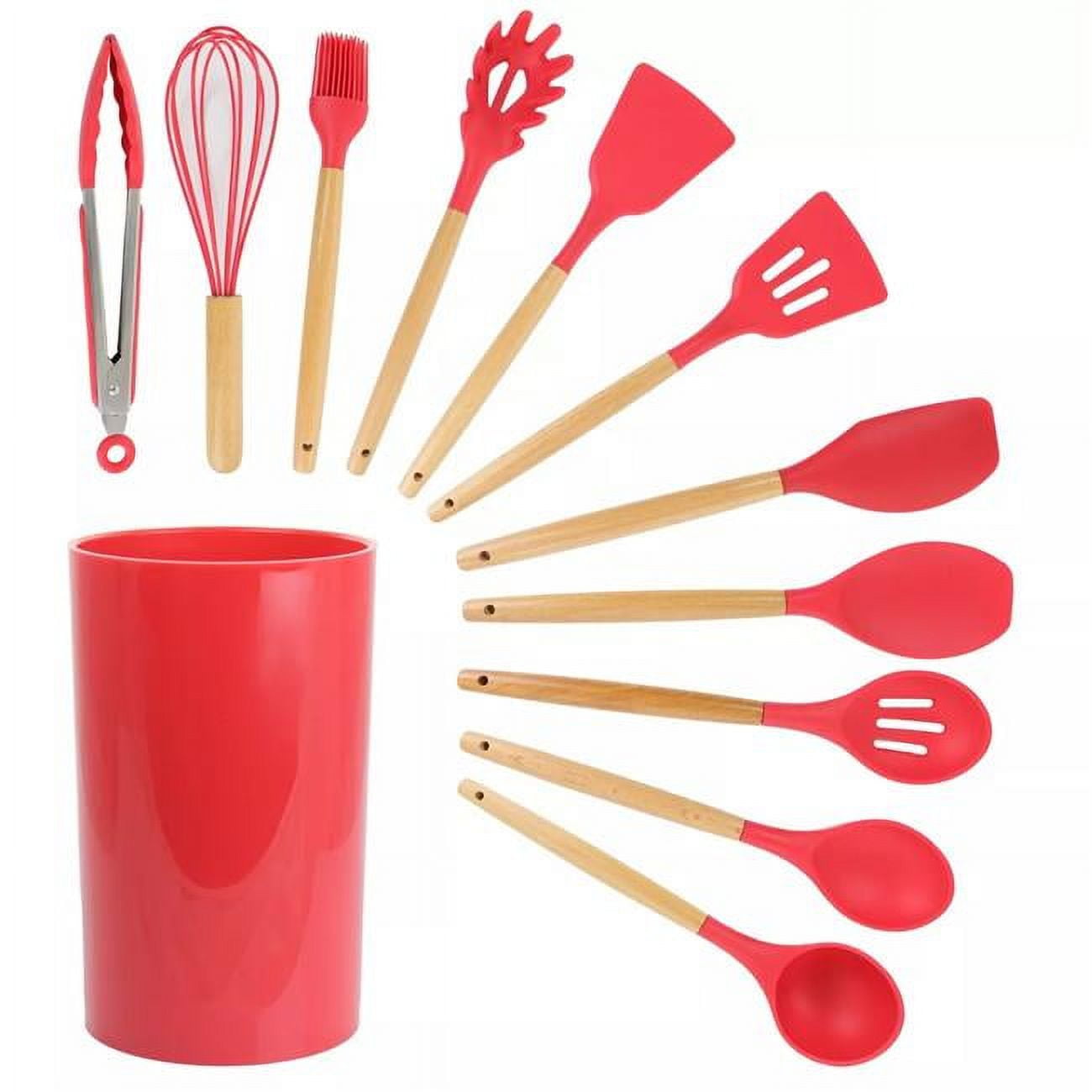 Red Silicone and Wood 12-Piece Cooking Utensil Set