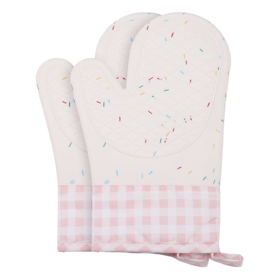 Silicone and Cotton Oven Mitts, Heat Resistant and Waterproof Cooking Gloves, Gripping for Baking, 2 Pcs Kitchen Mitts Pink 11.4x7.3x7.3inch