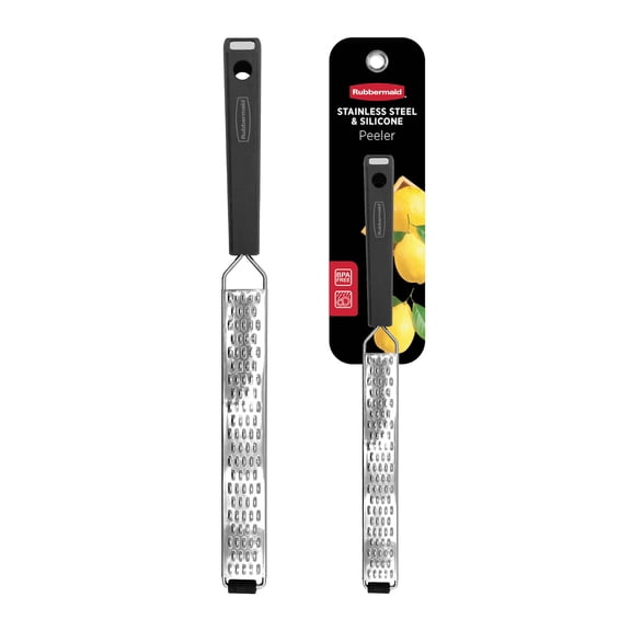 Rubbermaid Stainless Steel Lemon Zester Grater with Silicone Handle and Anti-Slip Rubber Stand, Black