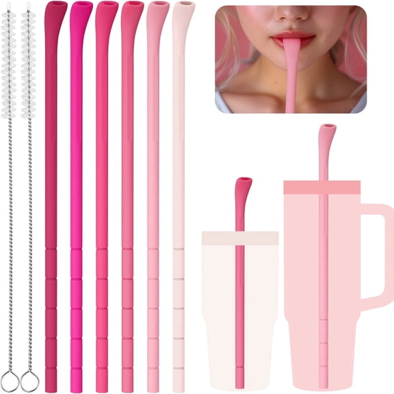 NiHome 6PCS Silicone Anti-Wrinkle Straws for Compatible with Stanley Tumblers 40oz 30oz w/Brushes, Customizable Length Wrinkle Free Straws, No Wrinkle Reusable Drinking Straws for Lip (Pink)