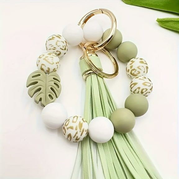 Silicone bead keychain with tassel and maple leaf pendant, stylish keychain bracelet, cool summer style, women's keychain,Mint green