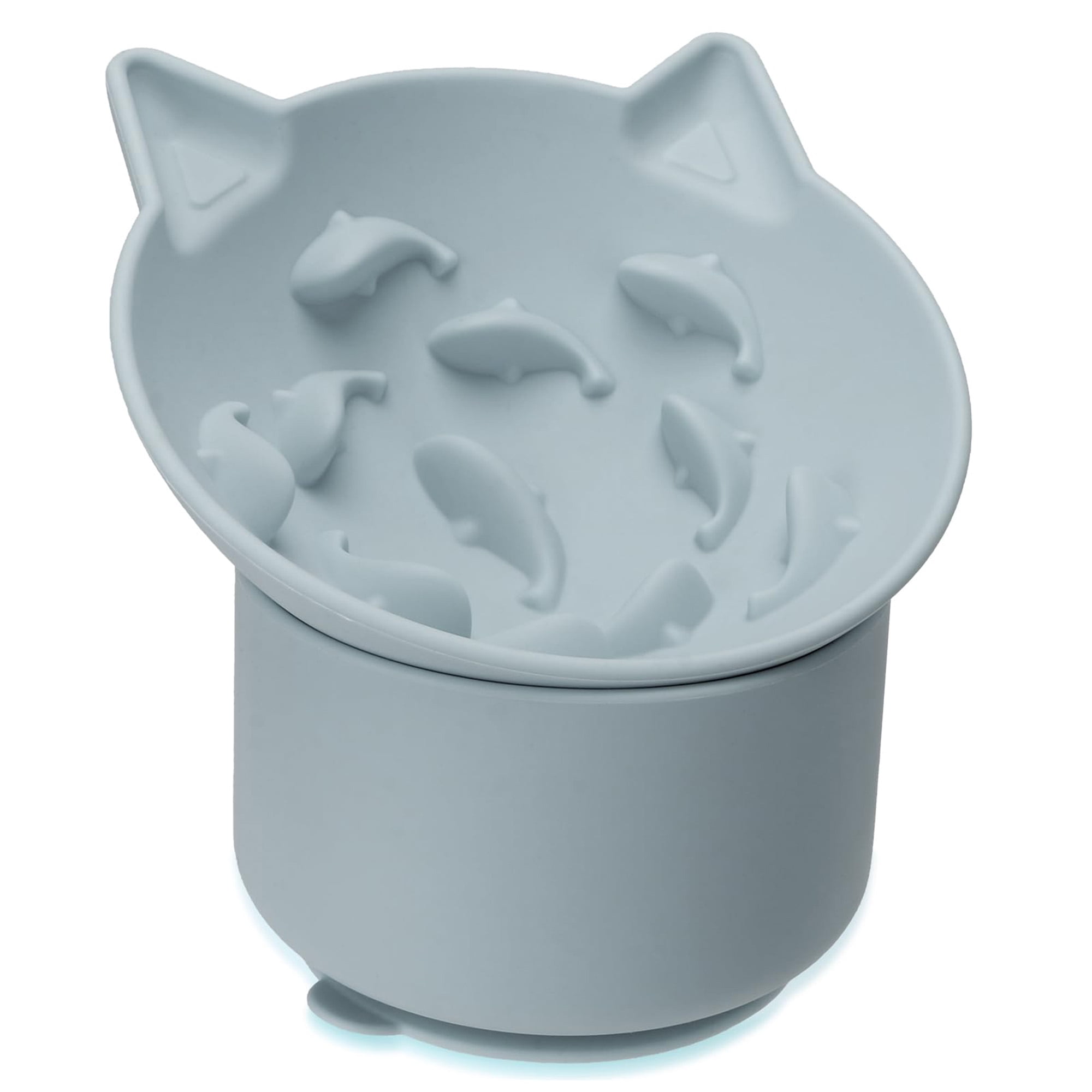 Silicone cat slow feeder bowl, elevated tilted design for dry and wet food, adjustable angle catpuzzle with suction cup, promotes digestion, gray