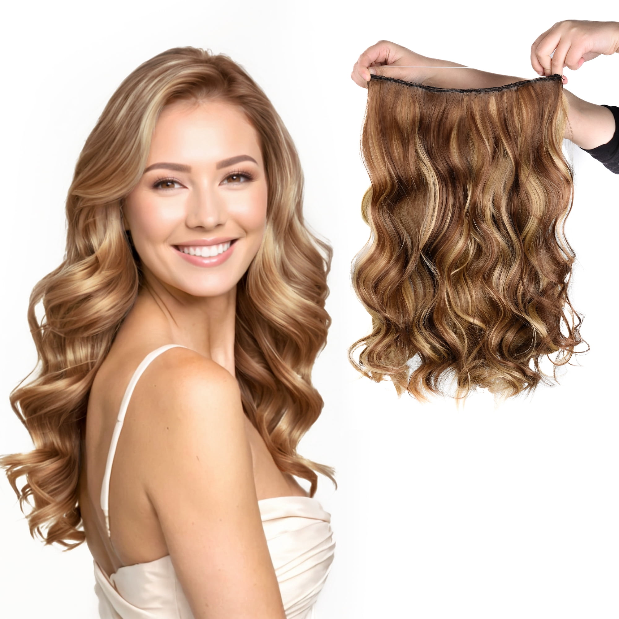Silike 16" Fish Line Clip In Curly Hair Extensions  3 Piece Set (1 Large + 2 Small Wefts) for Flexible Styling Multi-Color Synthetic Fiber Hairpieces