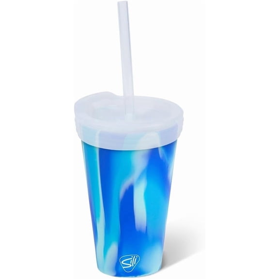 Silipint 16oz Silicone Straw Tumbler with 2-in-1 Lid – Unbreakable, Non-Toxic, Dishwasher Safe & Spill Proof Tumbler Leakproof Travel Mug for Coffee, Juice, Cocktail (Arctic Sky, icicle)