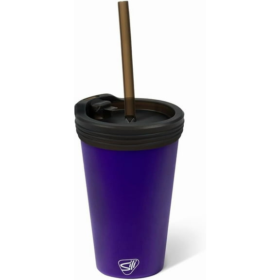 Silipint 16oz Silicone Straw Tumbler with 2-in-1 Lid – Unbreakable, Non-Toxic, Dishwasher Safe & Spill Proof Tumbler Leakproof Travel Mug for Coffee, Juice, Cocktail (Purple, smoke)
