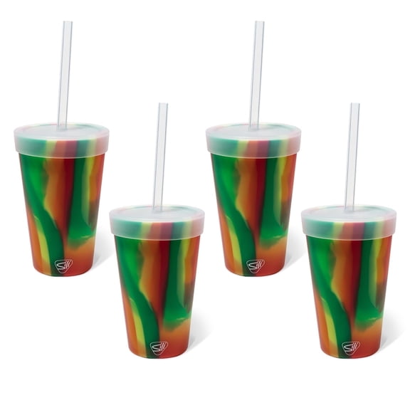 Silipint 16oz Silicone Tumbler with Straw Lid – Unbreakable, Non-Toxic, Dishwasher Safe & Spill Proof Tumbler – Leakproof Travel Mug for Coffee, Juice, Cocktail, Pack of 4, Hibiscus