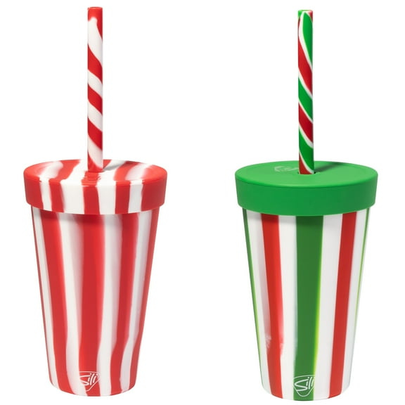 Silipint: Silicone 16 oz Straw Tumbler: Peppermint & Poinsettia
