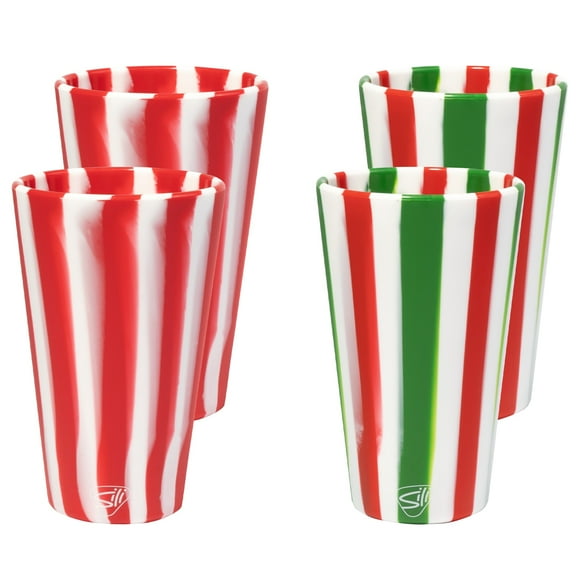 Silipint: Silicone 16oz Pint Glasses: 4 Pack (2) Peppermint & (2) Poinsettia
