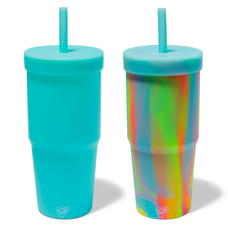Silipint: Silicone 32oz Straw Tumblers: 2 Pack -Aqua & Sugar Rush -  Unbreakable Cup, Flexible, Hot/Cold, Airtight Lid