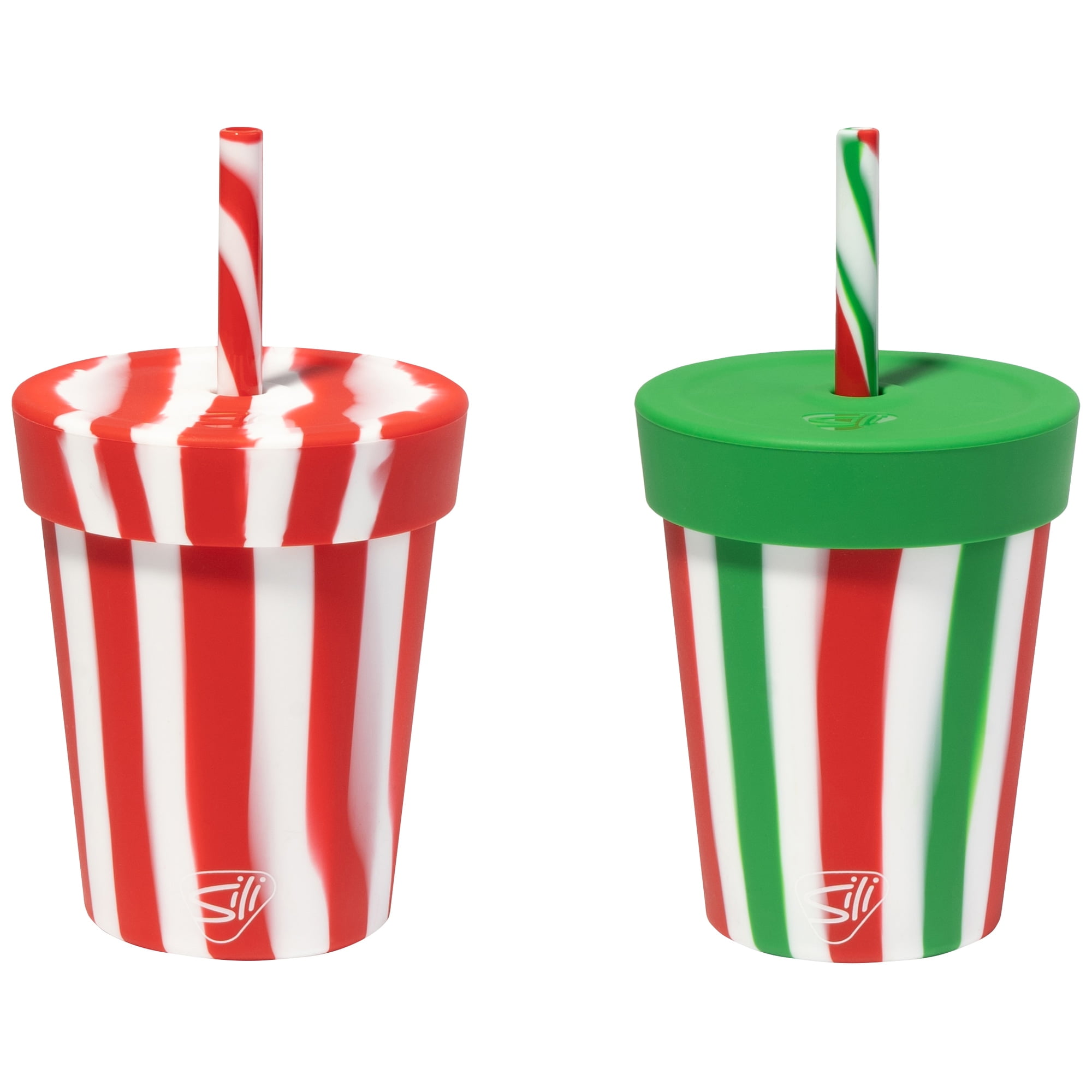 Silipint: Silicone Kids 8oz Straw Tumblers, 2 Pack, Peppermint & Poinsettia