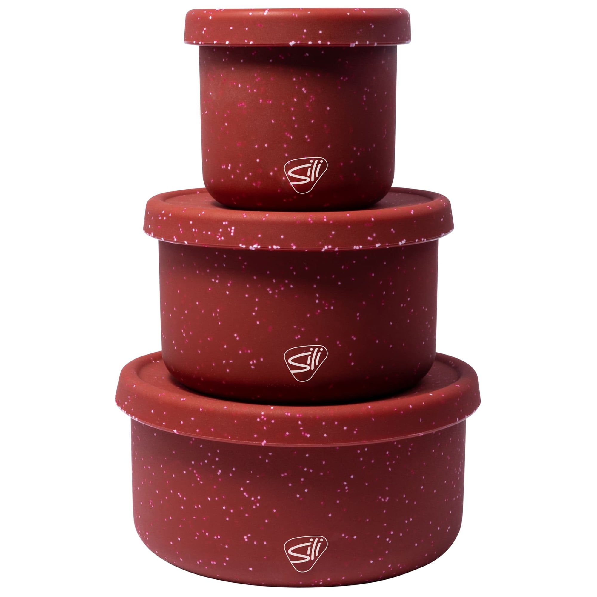 Silipint: Silicone Lidded Bowls: Set of 3: Speckled Red - 10, 20 & 30oz - Flexible, Unbreakable, Easy Storage, Non-Slip