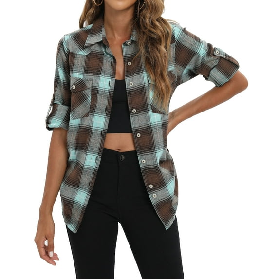 Siliteelon Womens Flannel Shacket Button Down Plaid Long Sleeve Casual Business Blouse Top Fall Winter Outfits