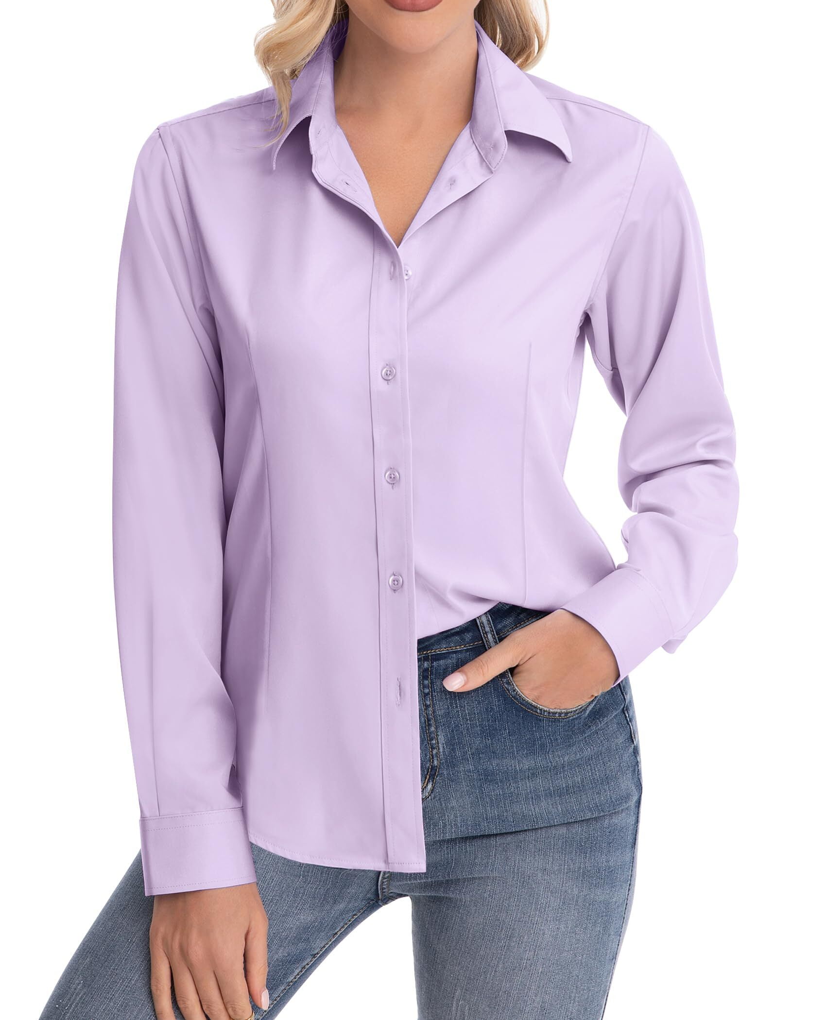 Siliteelon Basic Long Sleeve Button Down Shirts for Women Stretch ...