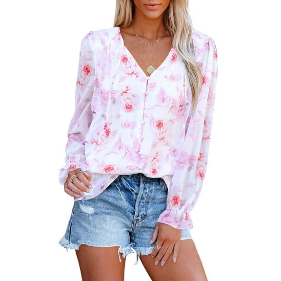 Siliteelon Boho Floral Blouses for Women Long Sleeve V Neck Chiffon Flowy Shirts Loose Fit