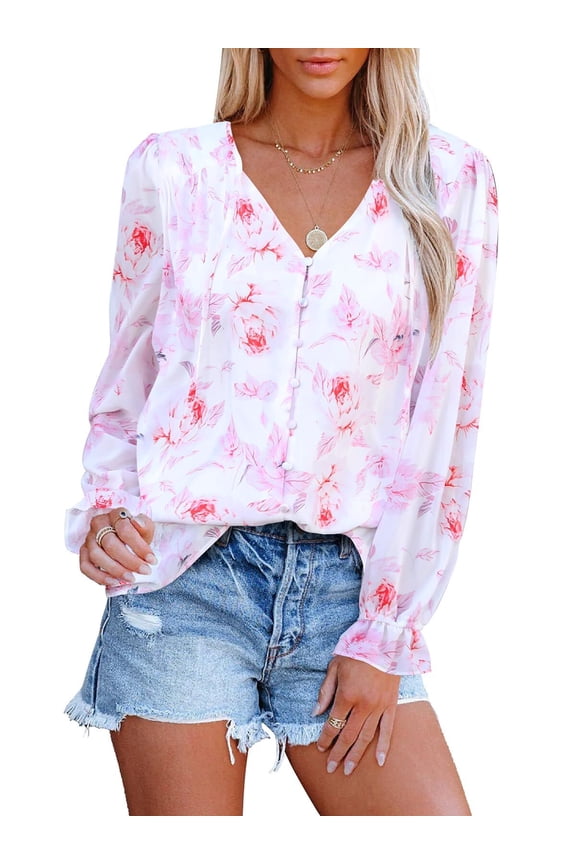 Boho Floral Blouses for Women Long Sleeve V Neck Chiffon Flowy Shirts Loose Fit