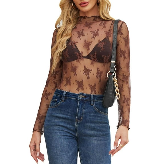Siliteelon Womens Lace Mesh Long Sleeve Top Mock Neck Sheer See Through Sexy Blouse Floral Layering Shirt