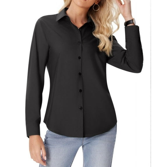 Siliteelon Button Down Shirts for Women Black Long Sleeve Shirts Wrinkle Free Formal Work Office Blouses Tops Dress Shirts Regular Fit