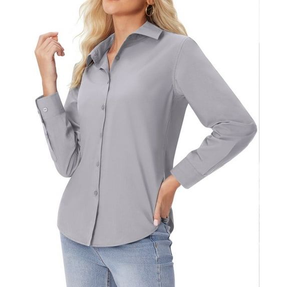 Siliteelon Button Down Shirts for Women Long Sleeve Shirts Wrinkle Free Formal Work Office Blouses Tops Dress Shirts Regular Fit Light gray
