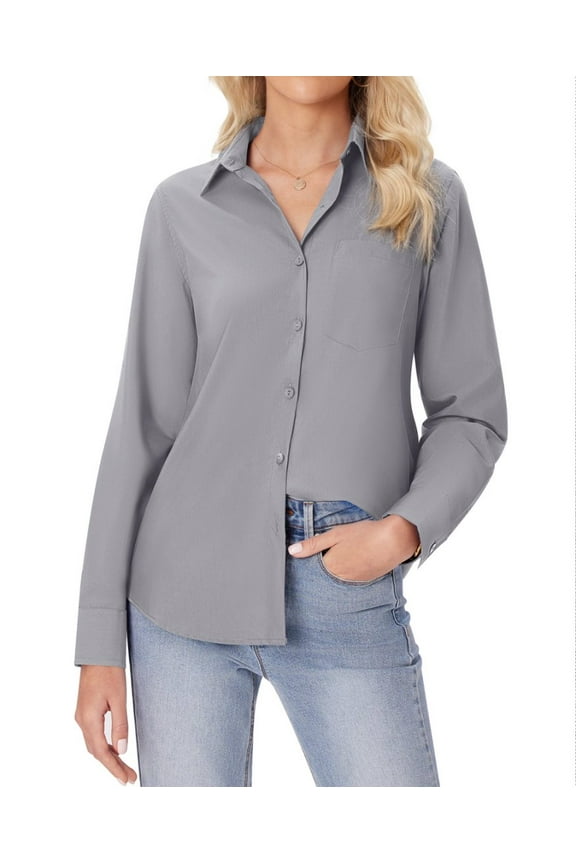 Button Down Shirts for Women Long Sleeve Wrinkle Free Dress Shirts Work Office Blouse Tops with Pocket Light Grey