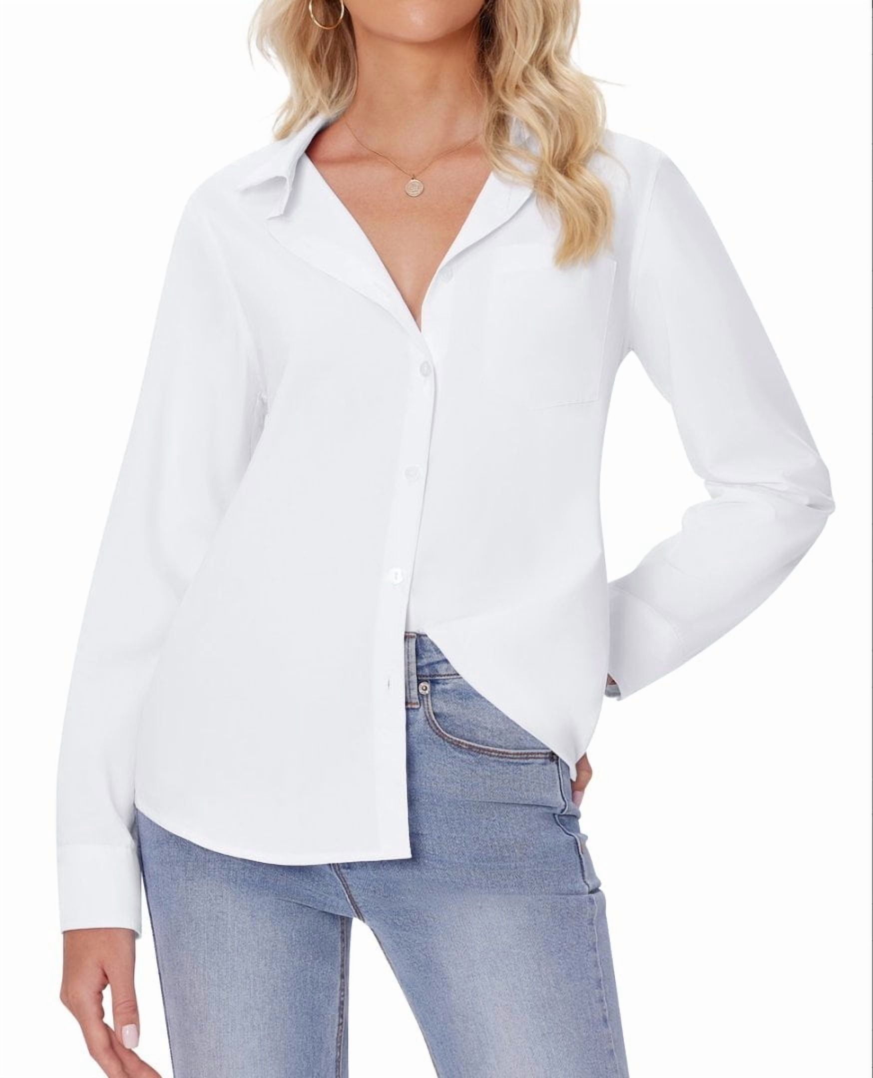 walmart dress shirts womens Business Casual Tops for Women Button Down Long Sleeve Office Blouses Wrinkle-Free Collar Work Basic Dress Shirts, Black, XL