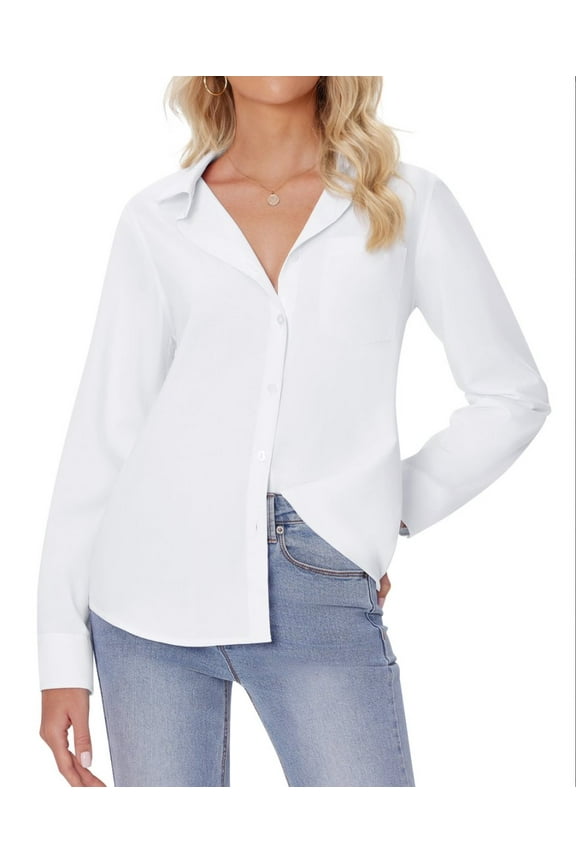 White Button Down Shirts for Women Long Sleeve Wrinkle Free Dress Shirts Work Office Blouse Tops with Pocket