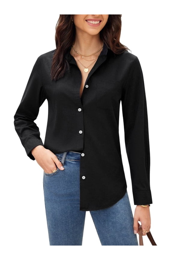 Women's Slub Cotton Button Down Blouses Business Work Office Shirts Long Sleeve Collared Wrinkle Free Tops