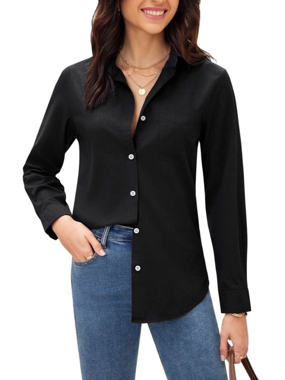 Women's Slub Cotton Button Down Blouses Business Work Office Shirts Long Sleeve Collared Wrinkle Free Tops