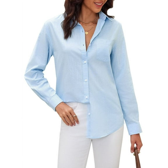 Siliteelon Women's Slub Cotton Button Down Blouses Business Work Office Shirts Long Sleeve Collared Wrinkle Free Tops