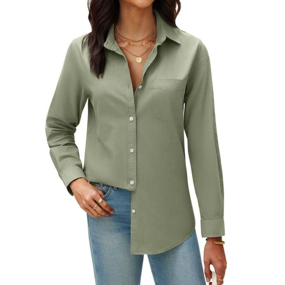 Siliteelon Women's Slub Cotton Button Down Blouses Business Work Office Shirts Long Sleeve Collared Wrinkle Free Tops
