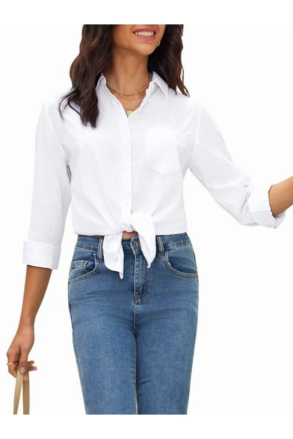 Women's Slub Cotton Button Down Blouses Business Work Office Shirts Long Sleeve Collared Wrinkle Free Tops