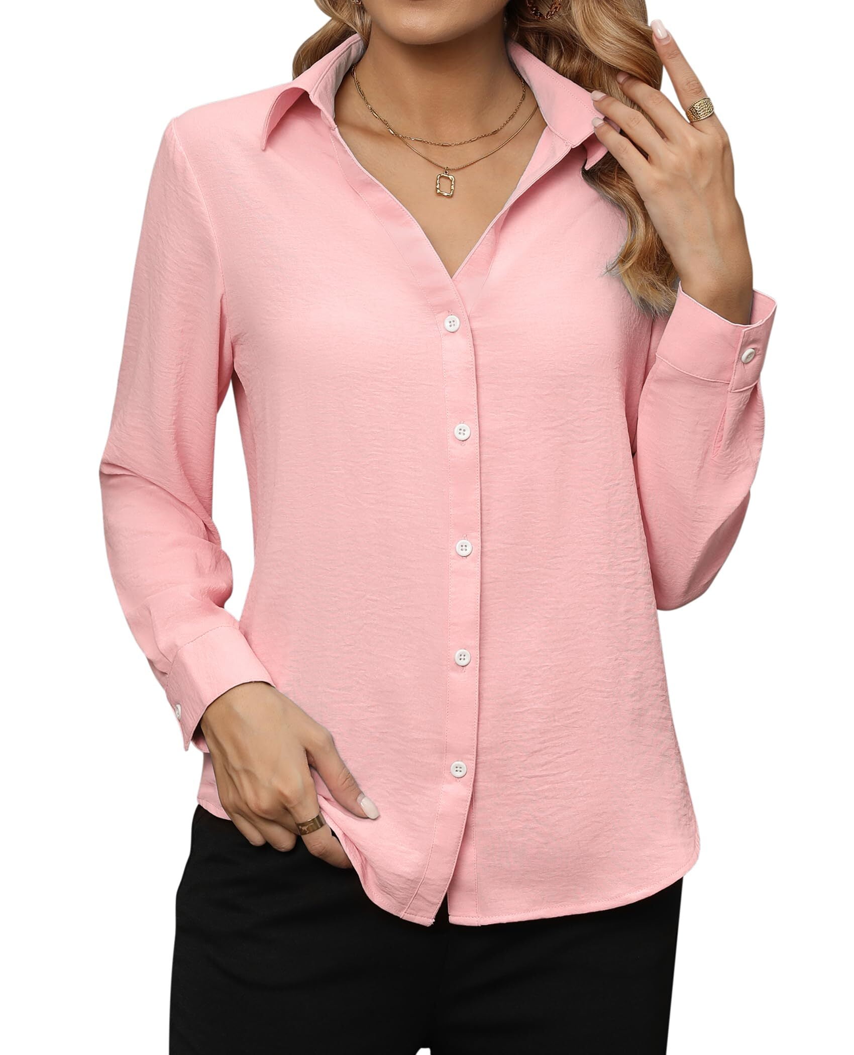 Siliteelon Long Sleeve Button Down Shirts for Women V Neck Collared ...