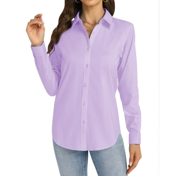 Siliteelon Long Sleeve Cotton Button Up Shirts for Women Formal Dressy Shirts Regular Fit Cotton Botton Down Shirt Light Purple