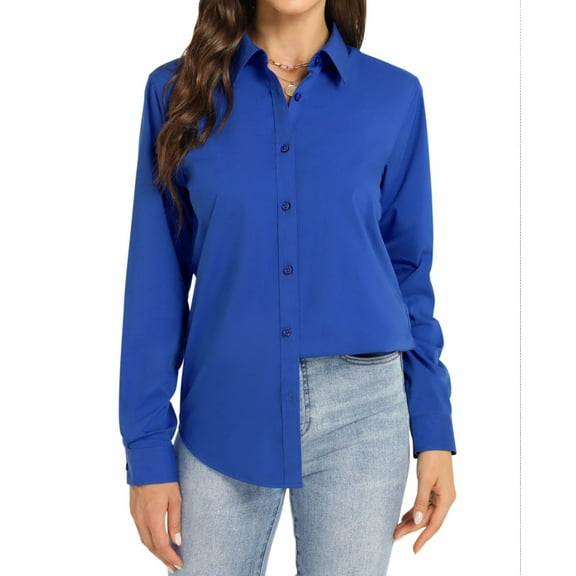Siliteelon Long Sleeve Cotton Button Up Shirts for Women Formal Dressy Shirts Regular Fit Cotton Botton Down Shirt Royal Blue