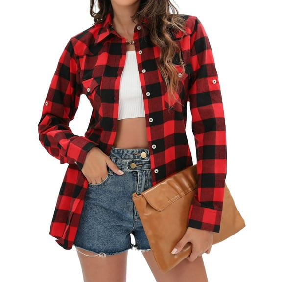 Siliteelon Long Sleeve Red Plaid Flannel Shirts for Women Roll Up Shirt with Pockets