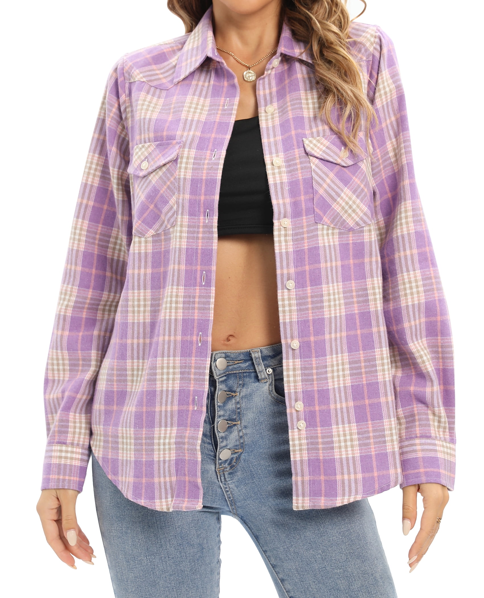 Siliteelon Long Sleeve Roll Up Flannel Shirt for Women Casual Boyfriend ...