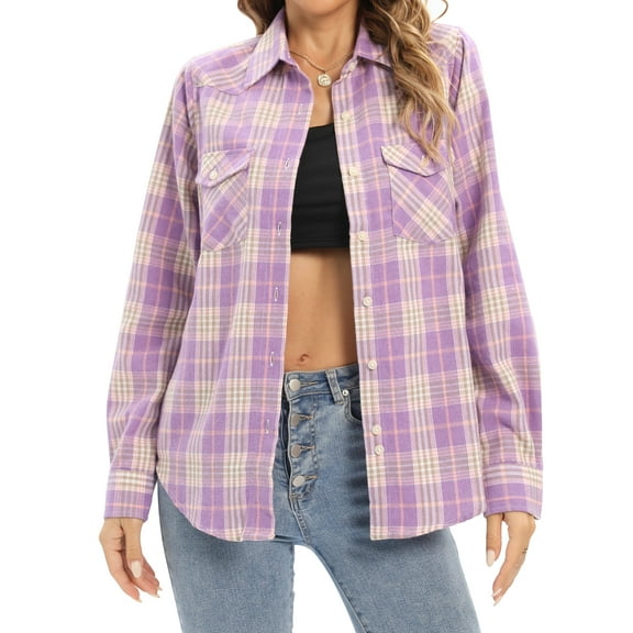Siliteelon Womens Flannel Shacket Button Down Plaid Long Sleeve Casual Business Blouse Top Fall Winter Outfits