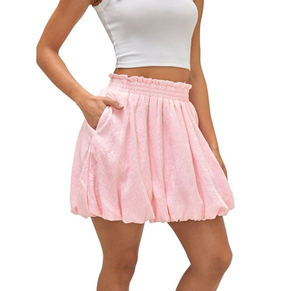 Siliteelon Women Ruffle Mini Skirt Flowy Skort High Waisted Bubble Hem Built-in Shorts with Pockets