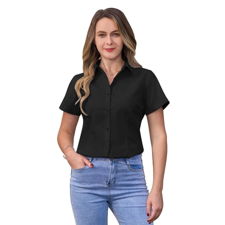 Siliteelon Short Sleeve Cotton Work Shirts for Women Basic Button Up Shirt