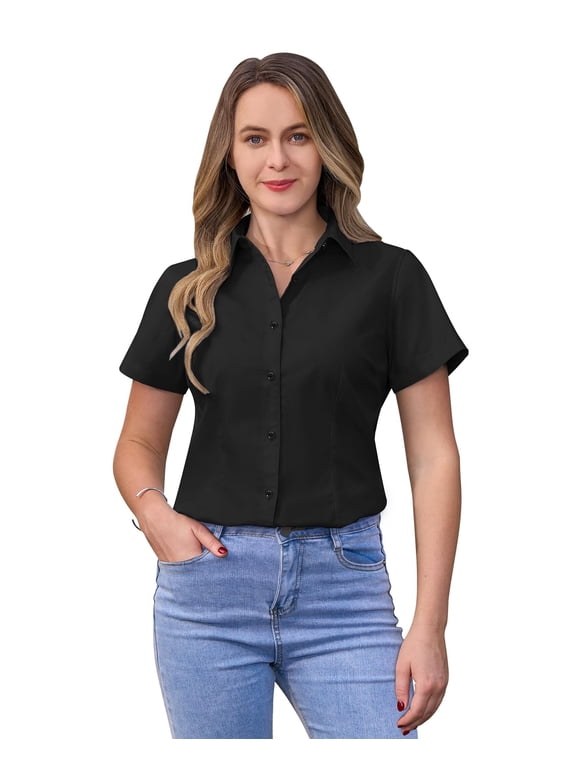 Short Sleeve Cotton Work Shirts for Women Basic Button Up Shirt