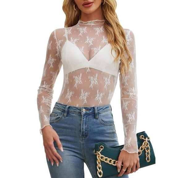 Siliteelon Womens Lace Mesh Long Sleeve Top Mock Neck Sheer See Through Sexy Blouse Floral Layering Shirt