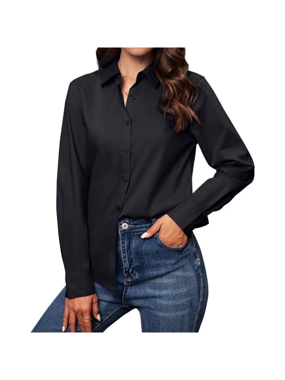 Women's Black Button Down Dress Shirts Cotton Long Sleeve Blouse Classic Fit Work Business Casual Tops